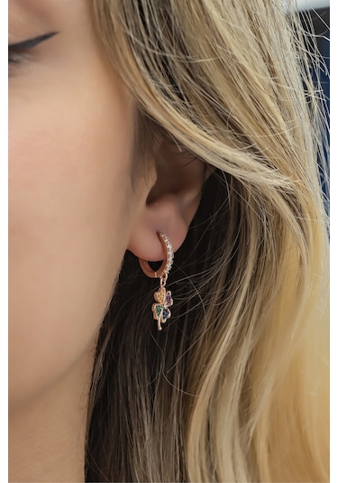 Nereze 925 Ayar Gümüş 10 MM Sallantılı Mix Taşlı Yoncaküpe