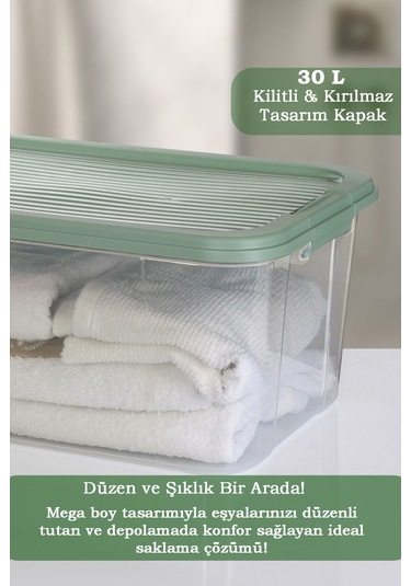 30 Lt Multibox Saklama Kabı - Kilitli Kapaklı Çok Amaçlı Düzenleyici Kiler Depolama Saklama Kutusu Yeşil