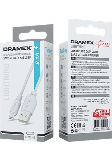 Dramex D21LKE 2.1A Lightning-USB Şarj ve Data Kablosu (Ekonomik M