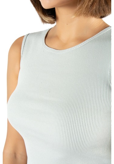 Çağla Yeşili Fitted/vücuda Oturan Crop Halter Yaka Fitilli Esnek Örme Bluz Atlet Çağla Yeşili