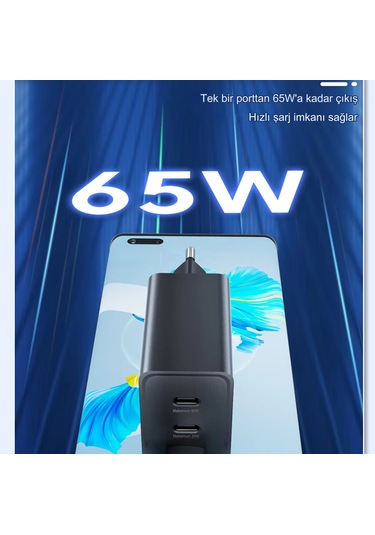 Type C & Type A Hizli Sarj Aleti Uclu 2xtype C- Usb 65w 25w 15w