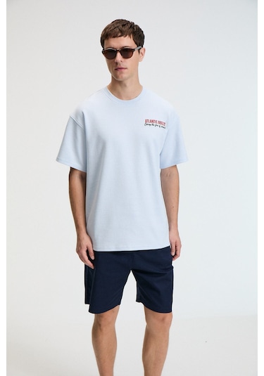 Grimelange YUM Erkek Oversize Baskılı Yuvarlak Yaka Mavi T-Shirt