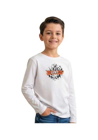 Düz Yuvarlak Yaka Nevver Give Baskı Detaylı Erkek Çocuk Sweatshirt BEYAZ