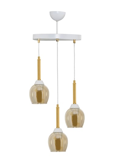 Üçlü Mandarin Sarkıt Avize Bal Rengi Camlı Gold Borulu Beyaz - Altın - Bal