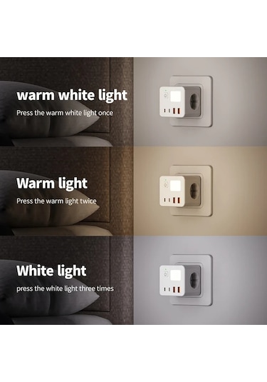 Motion003 8'li 1 Eu Güç Çubuğu Siyah 3 Usb 2 Tip-c Girişi Gece Işığı Kompakt Tasarım