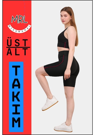 Kadın Siyah Takım Alt-üst Kısa Şort-tayt Ve Pedli Sporcu Büstiyer 2li Set Kırmızı Biyeli Elt3043 Siyah Kırmızı