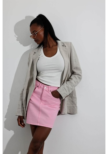 Pembe Mini Denim Etek Pembe