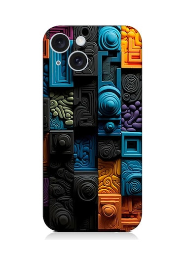 iPhone Uyumlu 15 Silikon Kılıf Renkli Kareler Ve Spiraller