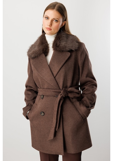 Ekol Kadın Büyük Beden Yakası Kürklü Kaban 6333 Kahverengi Kahverengi