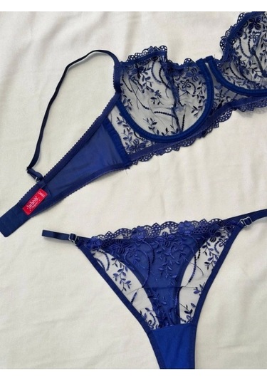 Arona Kadın C Cup Balenli Çiçek Desenli Lacivert Sütyen Takımı - 136 Lacivert