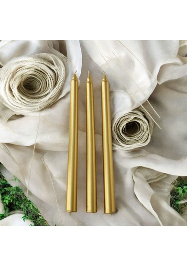 Denic 3 lü Metalik Gold Şamdan Mum Konik Mum