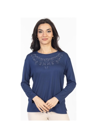 Yeni Model Taş İşlemeli Yuvarlak Yaka Likralı Anne Penye Bluz 6420-indigo İndigo