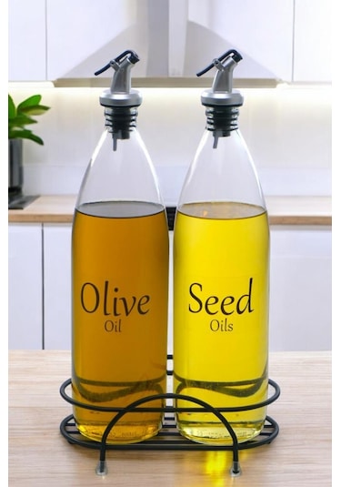 Digithome Aura 2'li Siyah Metal Standlı Yağdanlık Seti Şeffaf Etiketli Cam Yağlık 1000 Ml Cys-17 Siyah