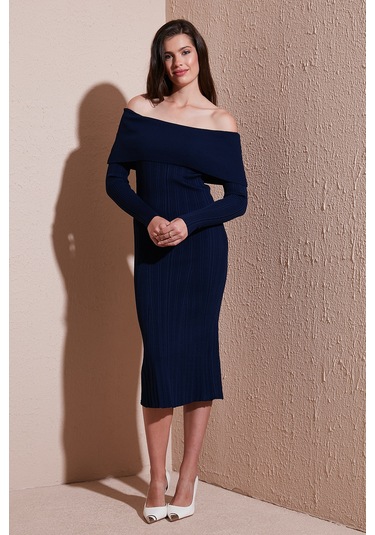 Lela Premium Fitilli Carmen Yaka Slim Fit Midi Boy Triko Bayan Elbise 680El00033 Lacivert