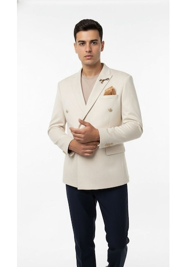 Erkek Suet Blazer Ceket Şık Düğmeli Takım Elbise Üstü Slim Fit Model Krem