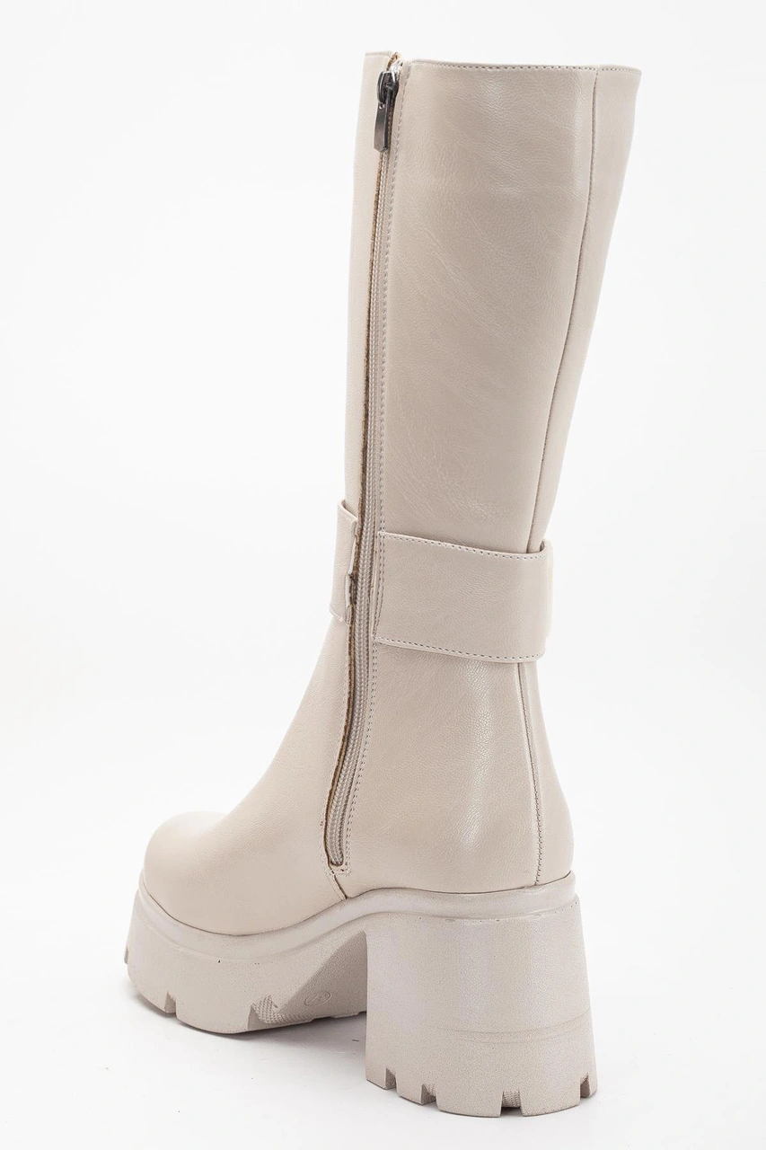 Bej Kadın Platform Topuklu Çizme Diz Altı Suni Deri Kemer Tokalı-4270 Bej