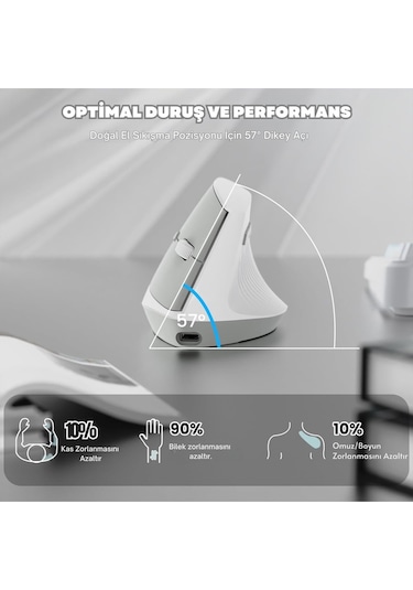 İ300 Kablosuz Ergonomik Dikey Mouse- 84gr-sessiz Tıklama- 57 Açı-16.000 Dpı Diğer