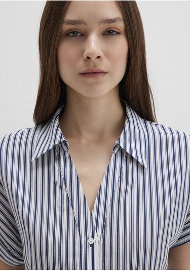 Mavi - Çizgili Beli Bağcıklı Mini Elbise 1310763-91086 Lacivert