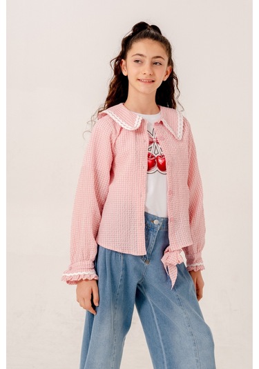 Kız Çocuk Su Taşlı Gömlek T-shirt İkili Takım 1805 Pembe