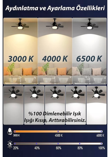 Sessiz 6 Kanatlı Dim Işıklı Uzaktan Kumandalı Işıklı Tavan Vantilatörü