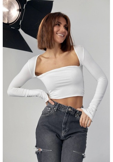 Kara Yaka Uzun Kollu Crop - Beyaz Karışık