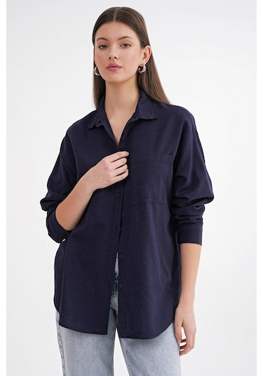 Mixray 4670 Kadın Cepli Oversize Basic Keten Gömlek Lacivert