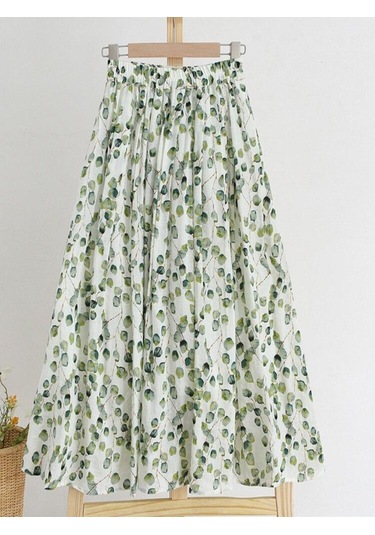 Qooth İlkbahar Yaz Kadın Yüksek Belli Çiçek Baskılı Etekler Elastik Bel Zarif Rahat Keten Pamuk Midi Yeşil Etekler Qt1712 Yeşil