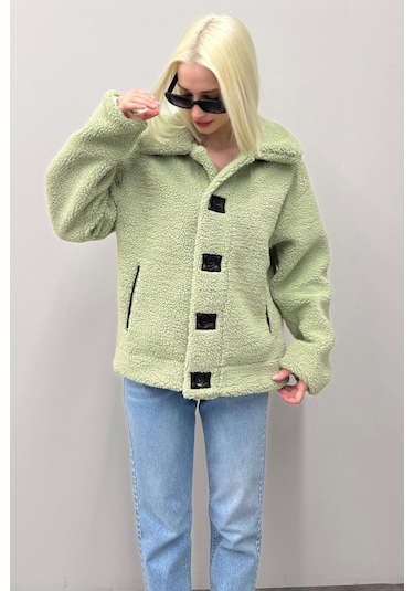 Madmext Yeşil Deri Detaylı Kadın Peluş Mont Mg2485 Yeşil