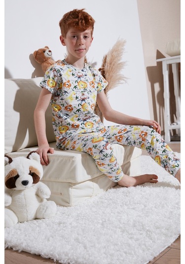 Lela Desenli % 100 Pamuk Bisiklet Yaka Erkek Çocuk Pijama Takımı 6651003 Ekru-Sarı