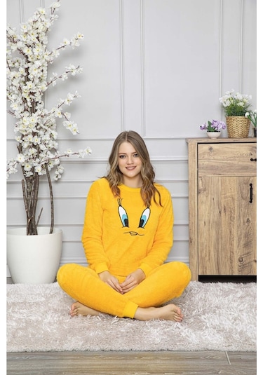 Civciv Desenli Anne Kız Çocuk Kombin Peluş Pijama Takımı Anne Kız Ayrı Satılır. Sarı