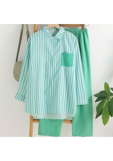 M-5xl Kadın Giyim İlkbahar Yaz Uzun Kollu Üst + Pantolon Yeni Çizgili Tek Sıra Yaka Gömlek + Geniş Paça Pantolon 2 Adet Açık Yeşil