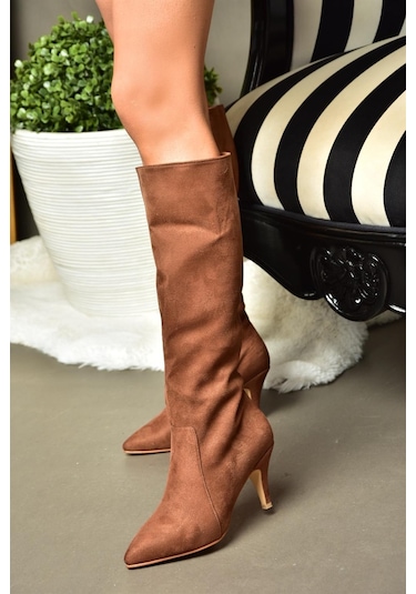 Fox Shoes R372453002 Taba Süet İnce Topuklu Kadın Çizme Taba