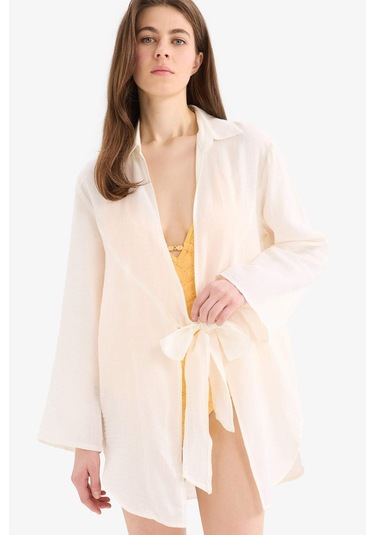 DeFacto Müslin Önden Bağlamalı Plaj Gömleği-Fall in Love B7333AX25SMWT16 Beyaz