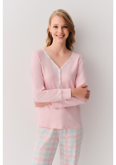 Suwen Cute Pijama Takımı Sh26262660651 Pembe Ekoseli