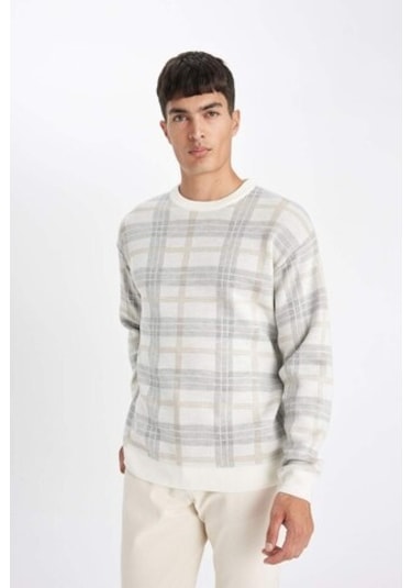 DeFacto Relax Fit Bisiklet Yaka Desenli Triko Kazak Y0619AZ24AUBG216 Bej