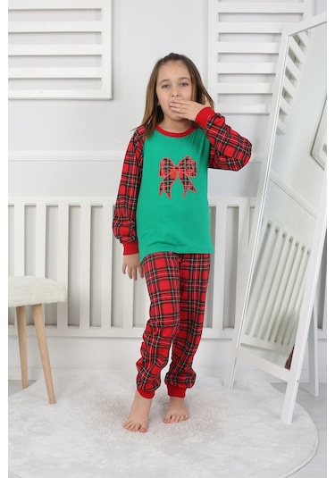 Kız Çocuk Pijama Takımı Papyon Yeşil