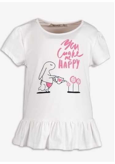 Etek Ucu Fırfırlı Kız Çocuk Tunik -Tshirt Beyaz