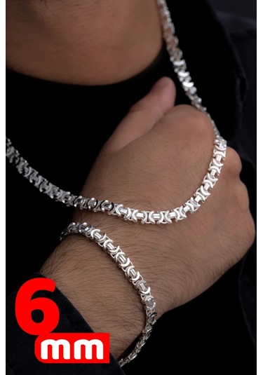 Erkek Gümüş Kolye Bileklik Set - 6mm Euro Kral Parlak Model