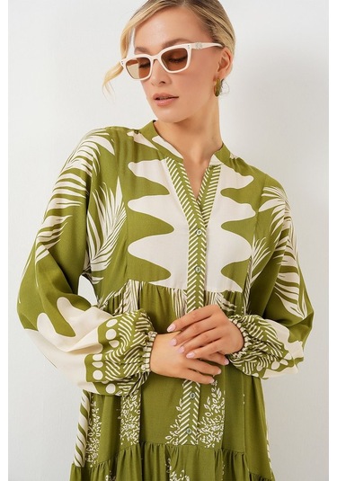 2423 Otantik Desenli Tesettür Elbise - Mint Yeşili Mint Yeşili