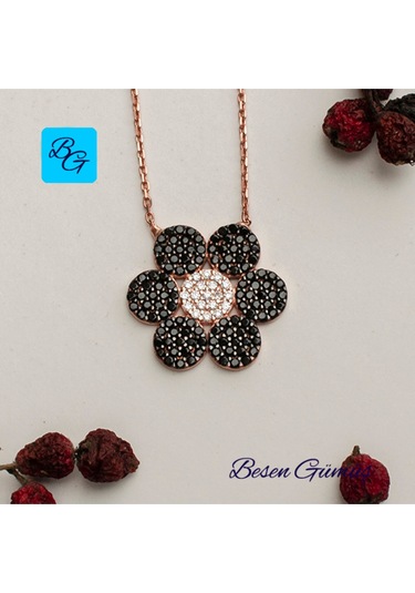 Oniks Zirkon Taşlı Rose Çiçek Kolye Rose - Gold -  Gümüş