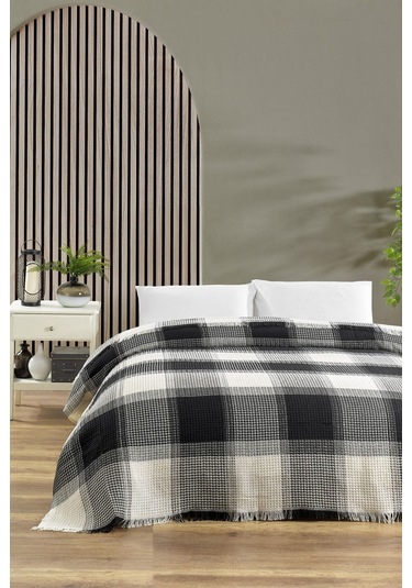 Çift Kişilik Pike 200x235 Cm Ekose Serisi Yatak Örtüsü Ekose Siyah