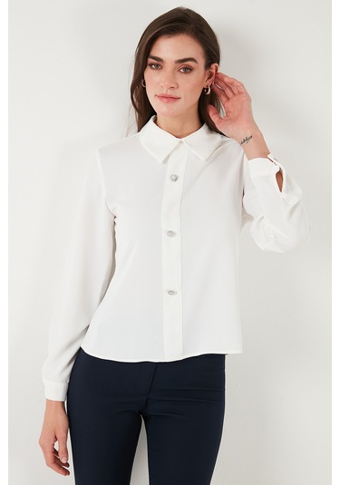 Lela Taşlı Regular Fit Gömlek Yaka Fermuarlı Bayan Bluz 611Bz0493 Ekru