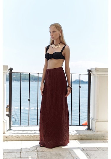 Eubah Kırışık Uzun Bordo Saten Etek Bordo