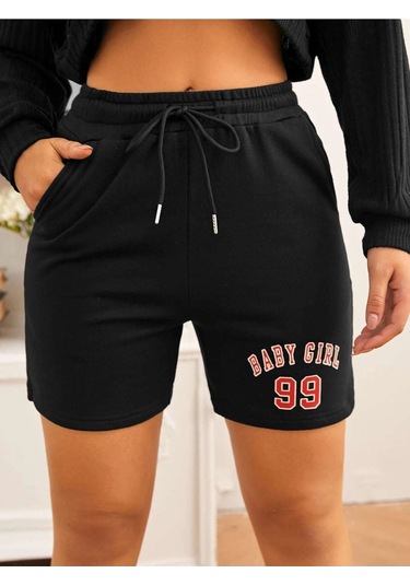 Siyah Kısa Baby Girl Şort - Penye Baskılı Kordonlu Siyah