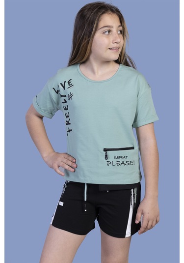 Toontoy Kız Çocuk Cep Detaylı Baskılı Şortlu Takım Yeşil