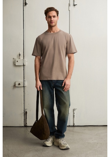 Grimelange Solo Erkek %100 Organik Pamuklu Kalın Dokulu Comfort Fit Bisiklet Yakalı Vizon T-shirt Vizon