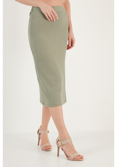 Lela Yüksek Bel Yırtmaçlı Dar Kesim Midi Bayan Etek 5865600 Olive