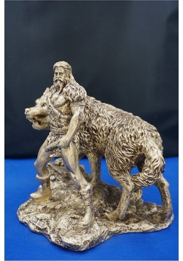 Tyr Savaş Tanrısı Heykeli - Kurtlu Try Biblo - 26 Cm Mitolojik Obje Hediyelik Dekor Altın