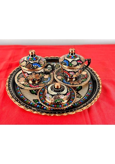 2li Bakır Fincan Takımı Ve Lokumluk,yuvarlak Tepsi