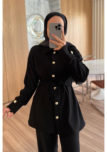 Gold Düğme Detaylı Fitilli Takım - Siyah Siyah